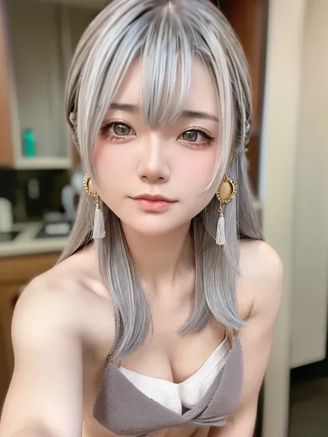 8K, RAW Photos, Fujifilm, Beautiful 20 year old woman style photo, (((Gray Hair:1.3,美しいGray Hairのストレートヘアー、シルキーなGray Hair)))、(((Completely naked:1.5,Cover yourself with a large towel))) Gold earrings, (Highly detailed skin: 1.2), Light medium brown hair, Fi...