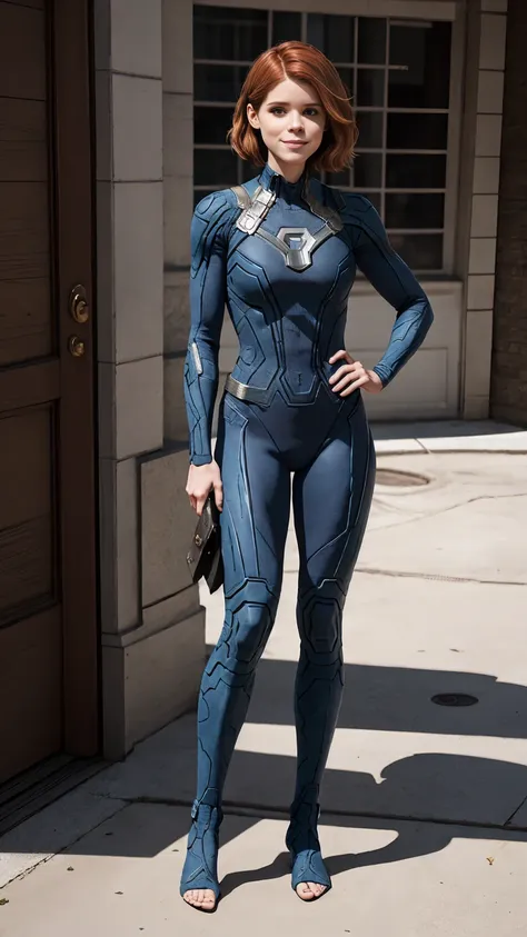 ((full body photo, standing, feet on the ground)) kate mara, blue eyes, stunning proportions, smile, fantastic four suit, photor...