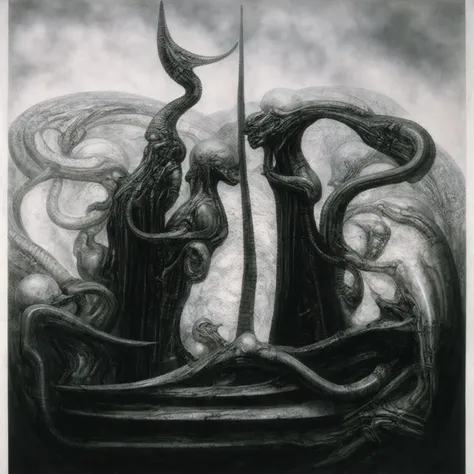 g1g3r, the image is a detailed view of h.r. giger's biomechanical tableau \" landscape xvi \" plate, featuring
surrealistic pain...