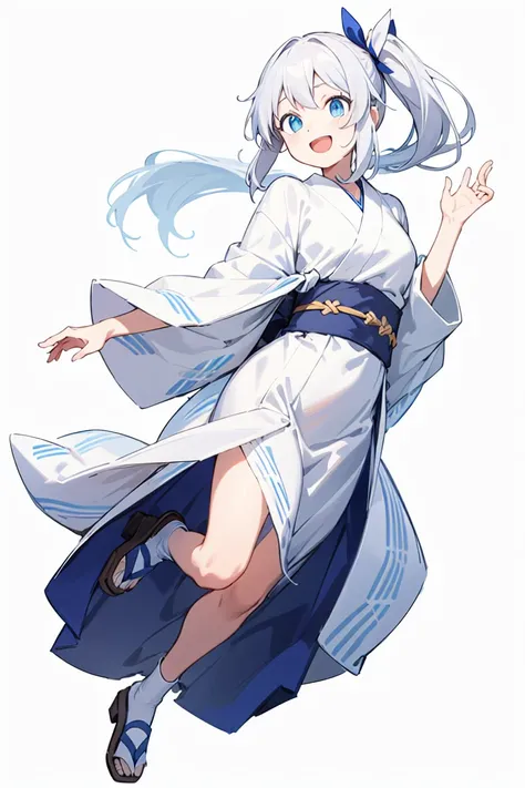 solo, full body, five fingers, cute, detailed, beautiful hair and eyes, five fingers, blue eye, long hair, white hair, blue yukata, side ponytail, Beam with laughter, open mouth, ((white background)), (masterpiece)