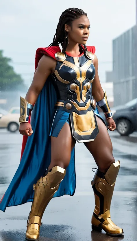 cinematic photo raw candid cinema,  (((black skin woman dressed as thor))) full body pose in the centre of a cyclone, 16mm, ((re...