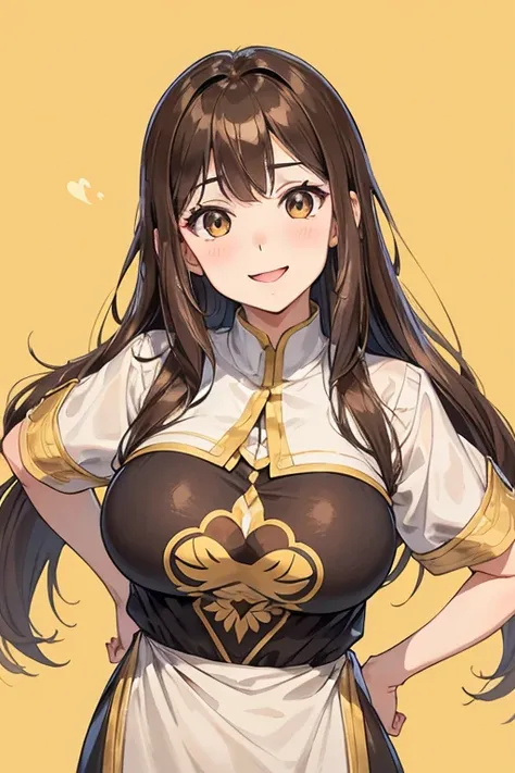 A selection of various facial expresions, straight haired brunette adult female, brown hair, large long shaped tits, silly personalty, cute happy demeanor, sunny disposition, deredere, character sprite sheeet, empty background