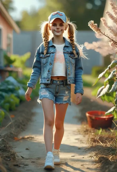 a freckled curvy strong farm tween. she is wearing a jean jack, crop top, and ripped jean shorts, she is beautiful with low mess...