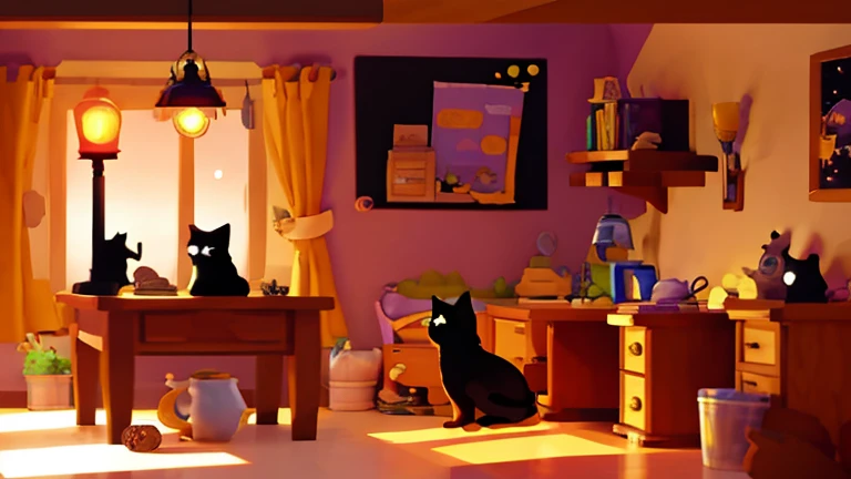 black cat studying at night in his super decorated room with a lamp with almost no lighting(just a little light from the lamp on...