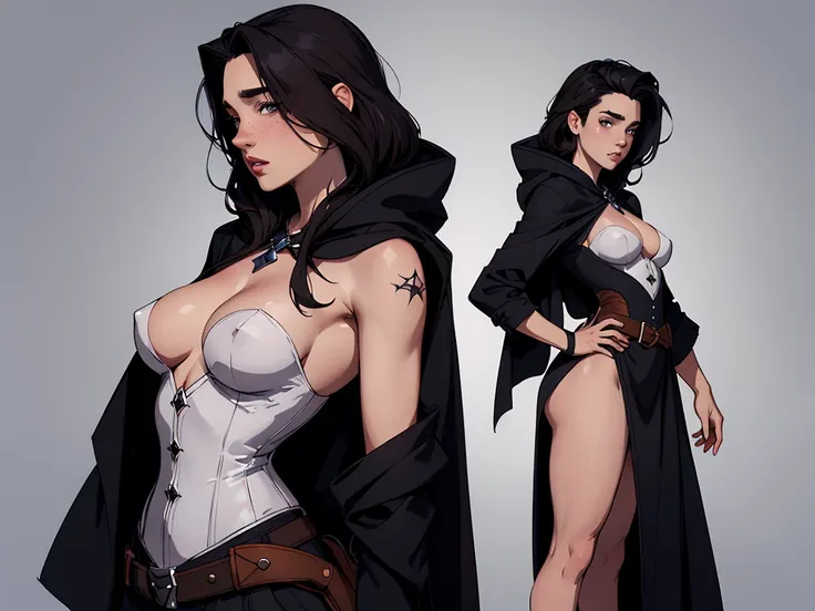 Illustratesção do estilo do personagem GTA e seios completamente nus mostrando um pouco de medo Tamanho dos seios Nome do desenho animado: Isabella Cruz white background medium breasts freckled face Hermione Granger actress strong contours Physical descrip...