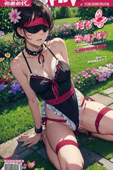 Magazine Cover,Maid-style swimsuit,Legendary Flower,Schillingshot Costume,(フリルのついたcollar, Blindfold,handcuffs,Sex slave),Watering the flower,Pee,Sweaty skin,Love Vibrator, Wet crotch vibration,Juice drips from the rope, Wide-open legs, collar,Tie your ankl...