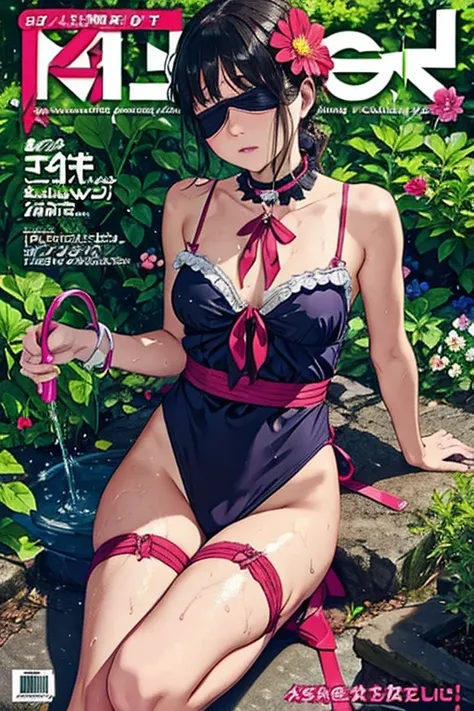 Magazine Cover,Maid-style swimsuit,Legendary Flower,Schillingshot Costume,(フリルのついたcollar, Blindfold,handcuffs,Sex slave),Watering the flower,Pee,Sweaty skin,Love Vibrator, Wet crotch vibration,Juice drips from the rope, Wide-open legs, collar,Tie your ankl...