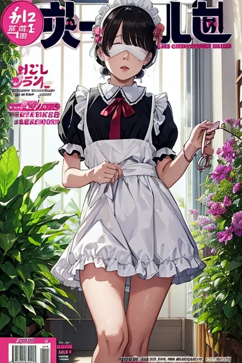 Magazine Cover,Maid-style baby doll,Legendary Flower,Schillingshot Costume,(フリルのついたcollar, Blindfold,handcuffs,Sex slave),Watering the flower,Pee,Sweaty skin,Love Vibrator, Wet crotch vibration,Juice drips from the rope, Wide-open legs, collar,Tie your ank...