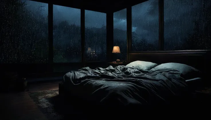 arafed bed in a dark room with a window and a lamp, dimly lit bedroom, dark bedroom, rainy night, gloomy weather. hyperrealistic...