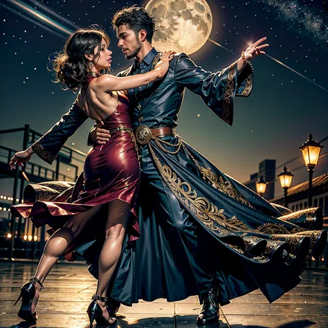 Ultra detailed, Hyper realistic: A Couple Dancing Salsa or Bachata Style (night, full moon, and star background) In the middle of the quiet night, a captivating dance unfolds between two passionate people. The man, with a confident look, keeps his partner ...