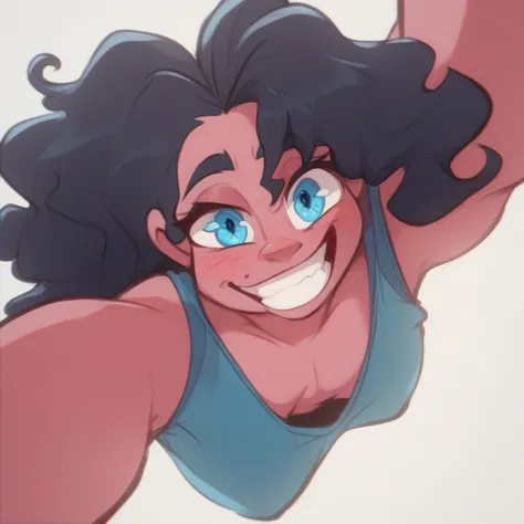 Ralph Bakshi Style, Curvy blue eyed girl with long wavy black hair and small breasts, (partial nudity1).5, (extreme nsfw)2.5, (tits hanging out)1.5, lewd