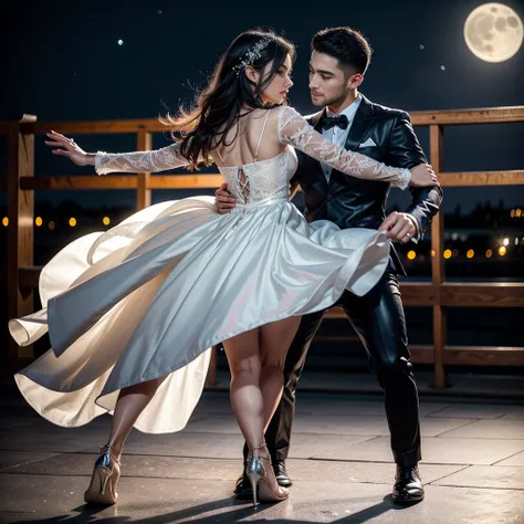 Ultra detailed, Hyper realistic: A Couple Dancing Salsa or Bachata Style (night, full moon, and star background) In the middle of the quiet night, a captivating dance unfolds between two passionate people. The man, with a confident look, keeps his partner ...