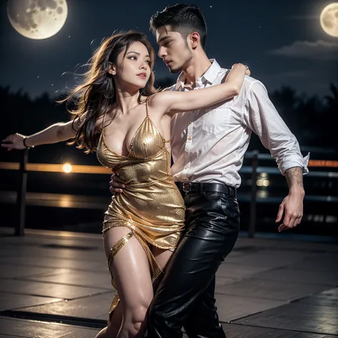 Ultra detailed, Hyper realistic: A Couple Dancing Salsa or Bachata Style (night, full moon, and star background) In the middle of the quiet night, a captivating dance unfolds between two passionate people. The man, with a confident look, keeps his partner ...