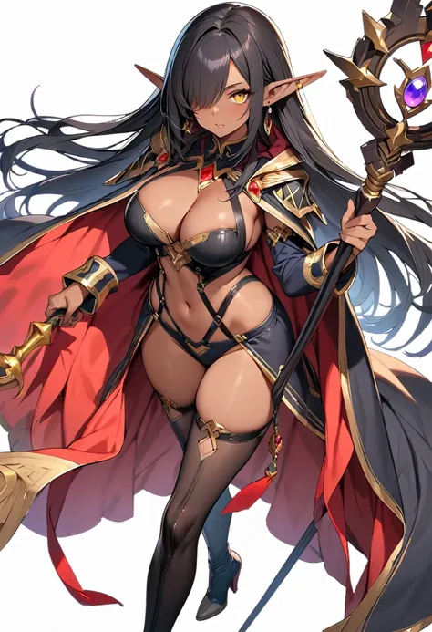 (masterpiece:1.2), (highest quality:1.2), 1girl, solo, pointy-ears, dark-skin, breasts, dark-skinned-female, staff, transparent-background, dark-elf, large-breasts, black-hair, cape, elf, earrings, full-body, jewelry, tattoo, thighhighs, hair-over-one-eye,...