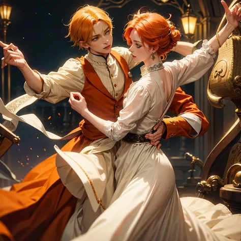 Fantasy prince orange hair and victorian beige clothes green eyes delicate scottish Effeminate dancing in the night 