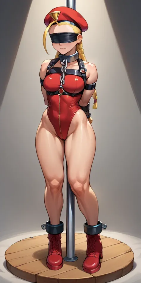 (masterpiece, best quality), intricate details, 1sologirl Cammy White from Street Fighter (standing full body toe to head by wooden pole:1.2) iron collar, arms behind back, iron cuffs, shackles, bound, bondage outfit, harness, o-ring, bondage outfit blindf...