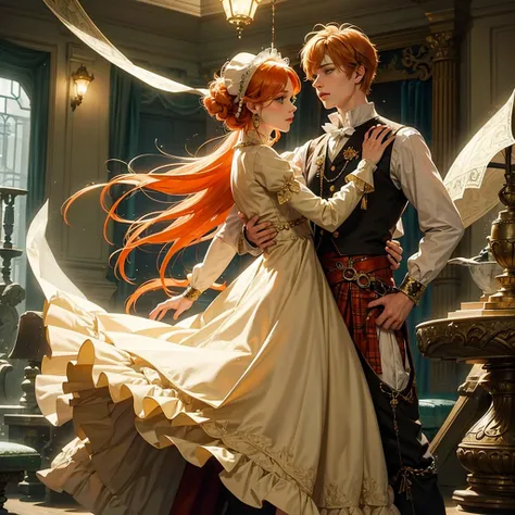 Fantasy prince orange hair and victorian beige clothes green eyes delicate scottish Effeminate dancing alone