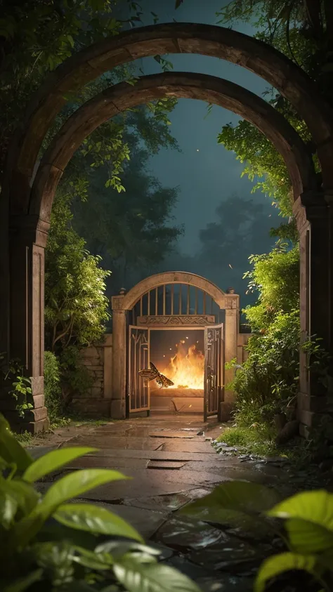 (Digital Art:1.3) of (Sketched:1.1) octane render of a mysterious dense forest with a large (魔法of:1.2) Gate (Portal:1.3) 永遠of王国へ, The Gate frame is designed in a round shape, surrounded by delicate leaf and branches, with fire Fly and shineing Particle Eff...