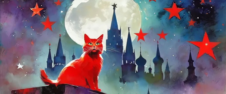 1communist cat, red star, magic, fantastic, night sky, moon, stars, background, Moscow (art inspired in Bill Sienkiewicz). oil painting)
