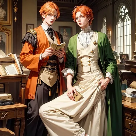 Fantasy prince orange hair and victorian beige clothes green eyes delicate scottish Effeminate reading