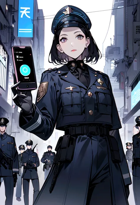 Standalone cell phone, police officers with artificial intelligence , friendly looking, 