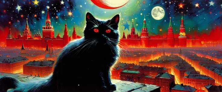 1communist cat, red star, magic, fantastic, night sky, moon, stars, background, Moscow (art inspired in Bill Sienkiewicz). oil painting)
