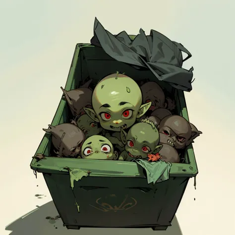 1Goblin baby boy is piled up in a trash container, bald, green skins, red eyes, with trashy, Grassroots background, rubbish, foul smelling smoke, (shadow background)