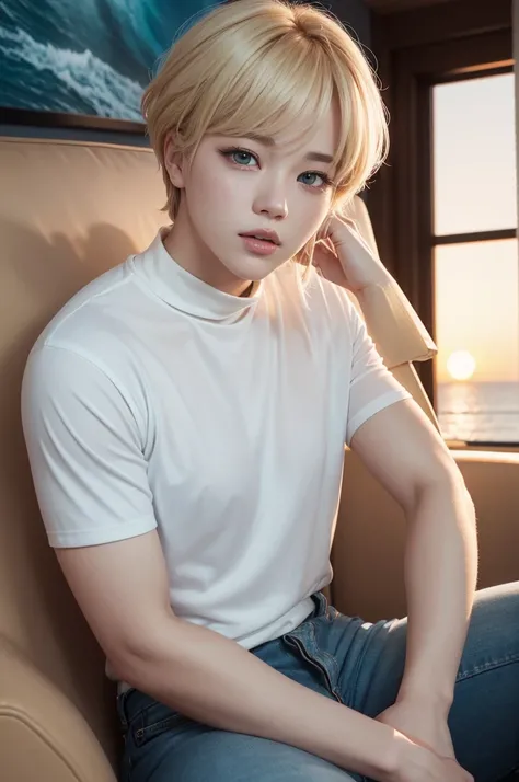 jimin angelic and delicate face with heterochromia, one brown eye and the other ocean blue with blonde hair, sitting on a sofa wearing a white turtleneck t-shirt and black jeans in the late afternoon at sunset realistic image