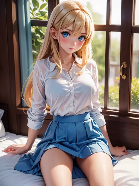 masterpiece, Best quality, (blush, embarrassed), wooden bedroom, window, blue sky, daylight, yu blue eyes, 1 girl, One, Blue skirt, Realistic white panties, crotch seam, camel&#39;s foot, open mouth, sitting on the bed, change, knees up, hugging feet, ;)