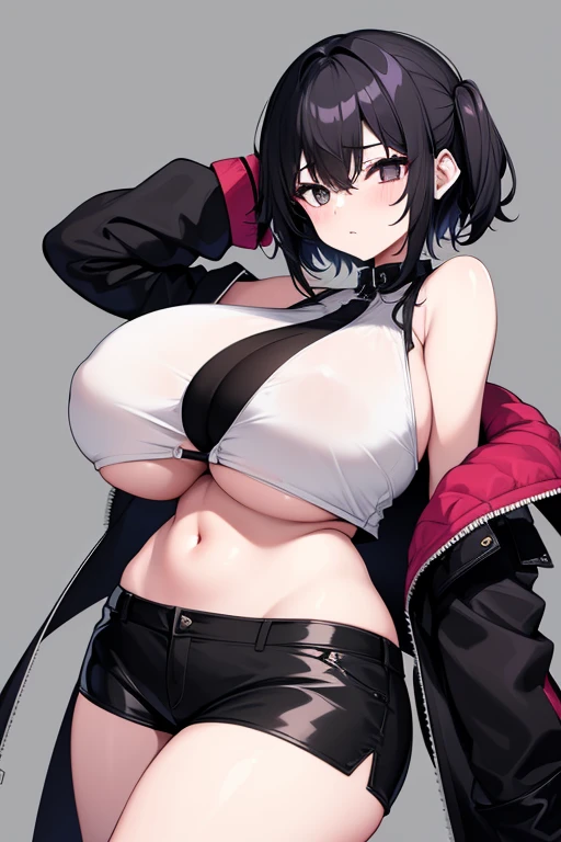 1 girl, goth girl, black hair, black eyes, black makeup, pale skin, booty shorts, crop top, huge breast, gigantic breast, overflowing breast, breast bigger than head, stretching clothes 