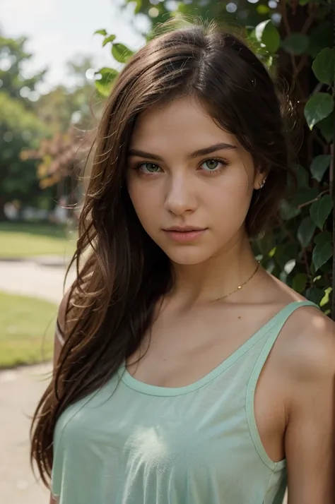 A photorealistic portrait of a 19-year-old italian girl with long, flowing claire hair and striking green eyes. She should have a natural, approachable expression and be illuminated by soft, golden-hour sunlight. The background should be a scenic outdoor s...