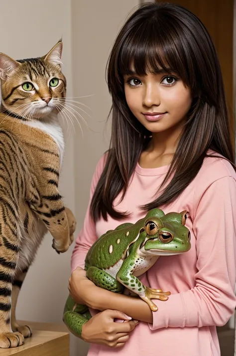 Brown woman with bangs and tan eyes , with pink clothes,  with a frog and a cat , anime style 