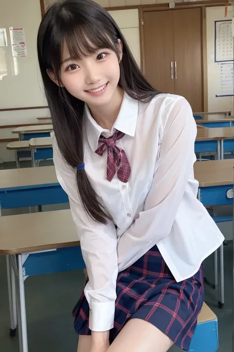 1 Girl, alone, Japanese girl, 14 years old,Junior high school classroom、(Highest quality, Realistic, High resolution, 8K, Very detailed, Detailed face, Shiny skin), Japanese , Collared shirt, White shirt, Red ribbon, Black Hair, ragged bangs, ponytail,Gazi...