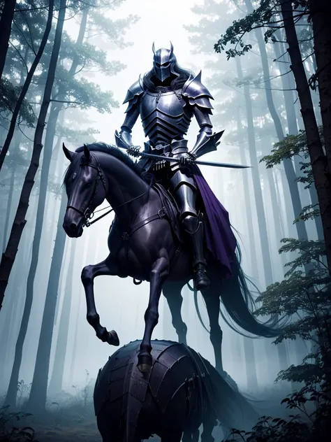 Knight riding a skeleton horse, they come from a mist forest, the knight hold a great dark purple sword