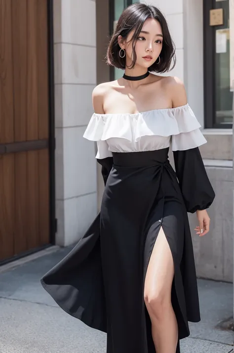 do it for me,an off-the-shoulder A-line dress with no neckline make me with black viscose cloth 