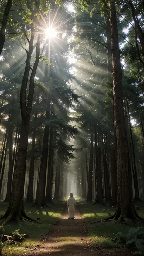 A mist-covered ancient forest at dawn, with sunlight filtering through the dense foliage. Amidst the trees stands a solitary figure, dressed in robes adorned with celestial symbols. Their gaze is fixed upwards, where a luminous portal hovers, radiating sof...