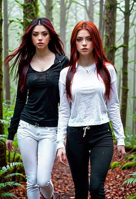 girl with black hair with long straight red highlights, Eyes red, dominant and dark look, veins in the neck and arm. black cropped outfit and black sweatpants, walking in a foggy forest, next to her friend a 16 year old girl, orange red hair, greeneyes, wh...