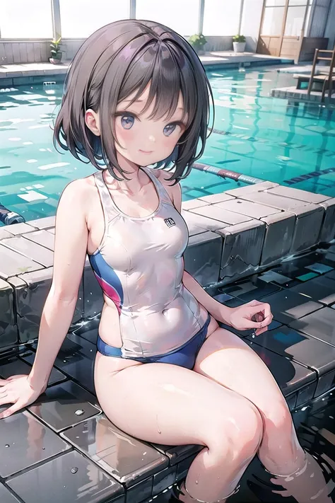 high quality, 最high quality, Complete limbs, Ultra-high resolution, Bright light, cute girl, Slender beauty, smile, Wearing a shiny school swimsuit, Glowing Skin, Tiny Breasts, Pool