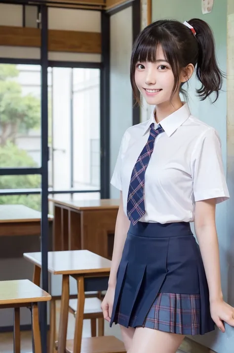 1 Girl, alone, Japanese girl, 14 years old,Junior high school classroom、(Highest quality, Realistic, High resolution, 8K, Very detailed, Detailed face, Shiny skin), Japanese , Collared shirt, White shirt, Red ribbon, Black Hair, ragged bangs, ponytail,Gazi...