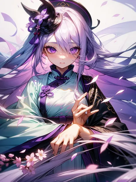 1girl, female, very long hair, white hair, hair covering one eye, purple eyes, purple petals, purple effects, chinese clothes, masterpiece, high quality, pastel colors, 