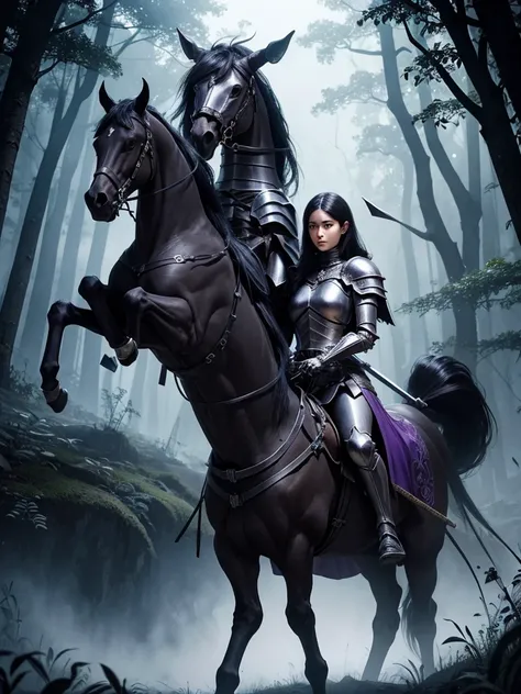 Knight riding, bone skeleton horse, knight has dark black hair, they come from a mist forest village, the knight hold a great dark purple sword