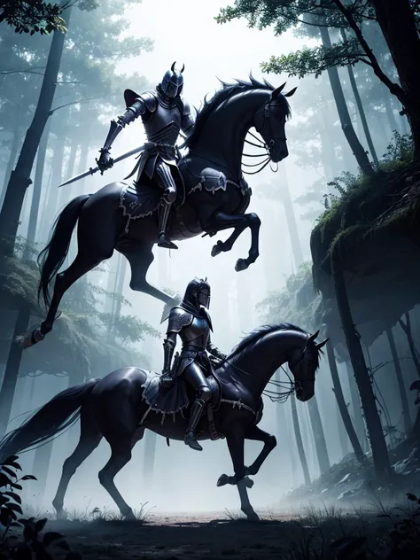 Knight riding, bone skeleton horse, knight has dark black hair, they come from a mist forest village, the knight hold a great dark purple sword