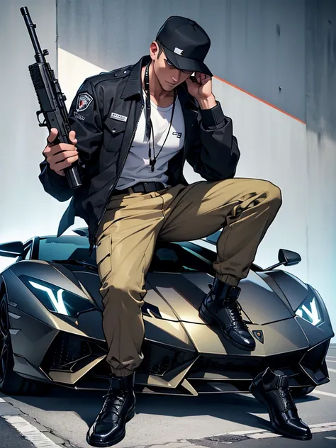 Man dressed as a criminal with an AK47 in his right hand is sitting in a Lamborghini 