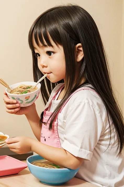 Drawing of a kawaii girl savoring a delicious bowl of ramen