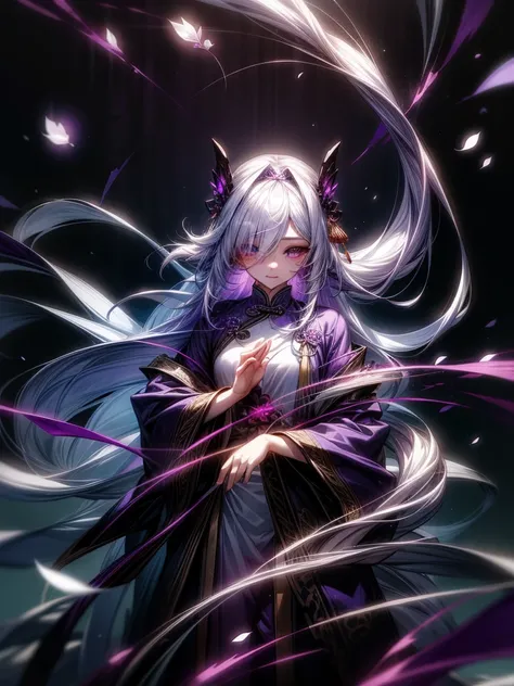 1girl, female, very long hair, white hair, hair covering one eye, purple eyes, purple petals, purple effects, chinese clothes, masterpiece, high quality, no hands,