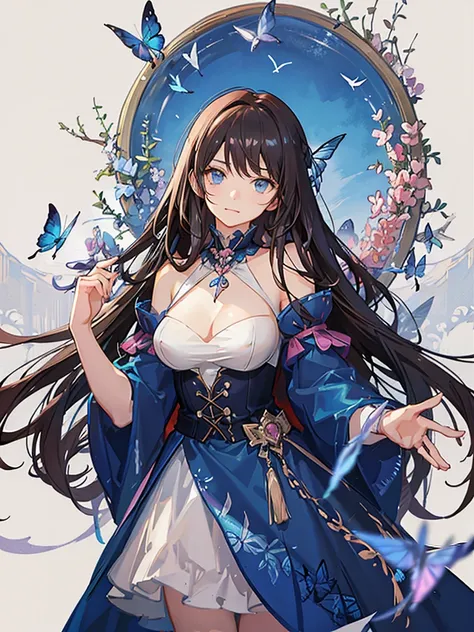 Adult, long brown hair with bangs, blue eyes, blue and pink butterflies, 