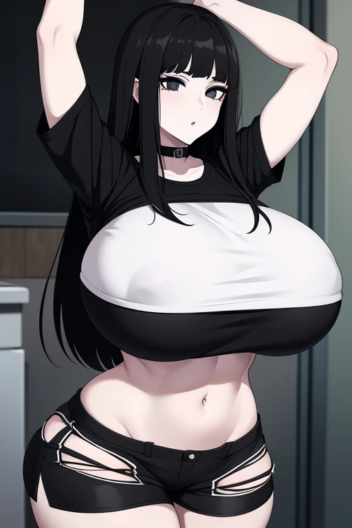 1 girl, goth girl, black hair, black eyes, black makeup, pale skin, booty shorts, crop top, huge breast, gigantic breast, overflowing breast, breast bigger than head, stretching clothes , wide hips