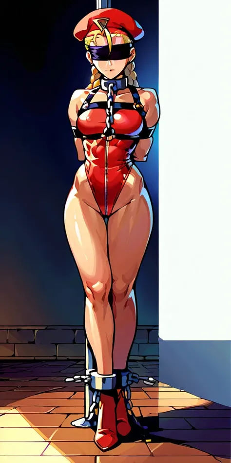 (masterpiece, best quality), intricate details, 1sologirl Cammy White from Street Fighter (standing full body toe to head by wooden pole:1.2) iron collar, arms behind back, iron cuffs, shackles, bound, bondage outfit, harness, o-ring, bondage outfit blindf...