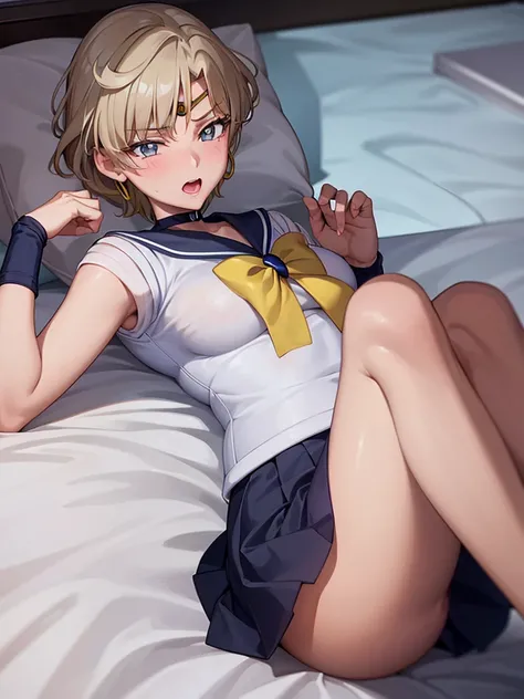 (masterpiece), highest quality, Expressive eyes, Perfect Face, Open your mouth, cum on tongue, Cum in mouth, tongue, tongue out, short hair, blush, , Ahegao, Medium chest, short hair, Sailor Moon Uranus, blonde, blush, Sweat、((naked))、Blowjob,penis、penis,B...