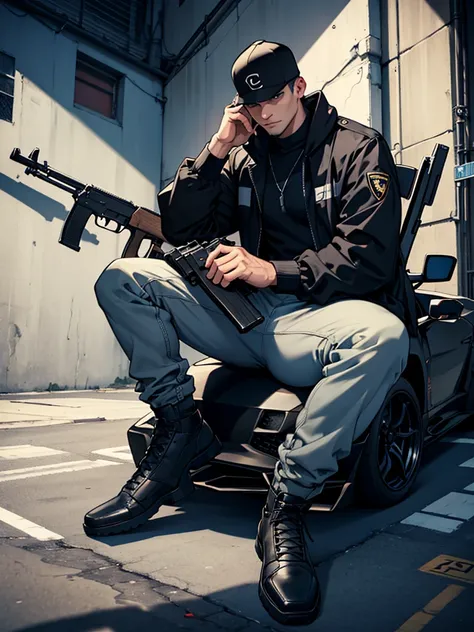 Man dressed as a criminal with an AK47 in his right hand is sitting in a black Lamborghini